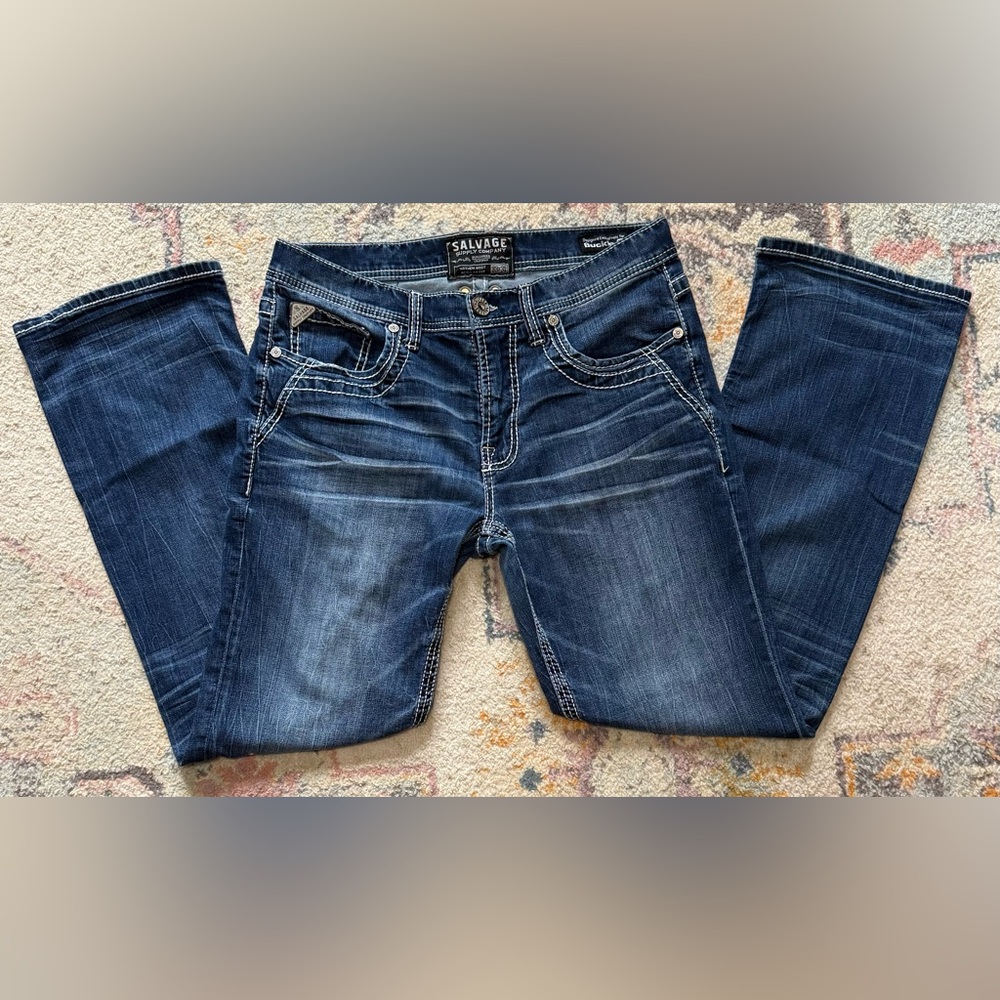 Salvage Men’s 33x32 Mayhem Boot Reg Fit Jeans Buckle Dark Blue Wash
